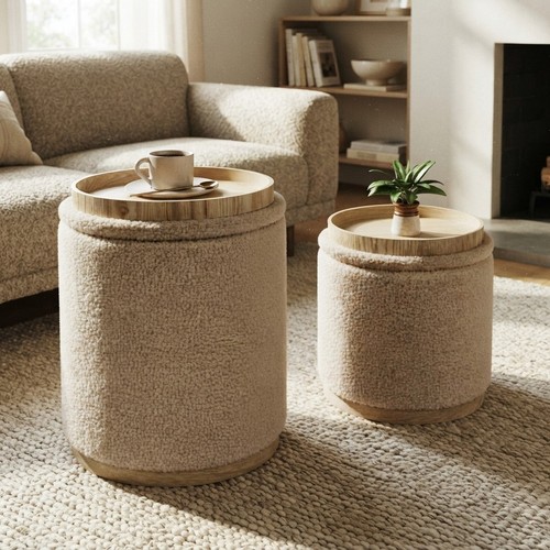 Beige boucle round ottoman - round, set