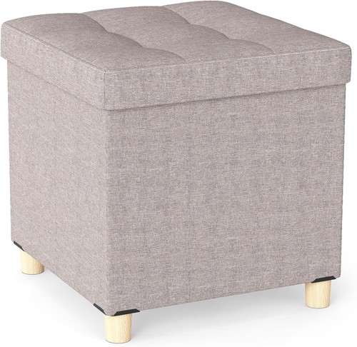 Beige linen storage ottoman - beige,
