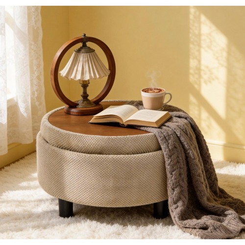 Round storage ottoman - round, camel