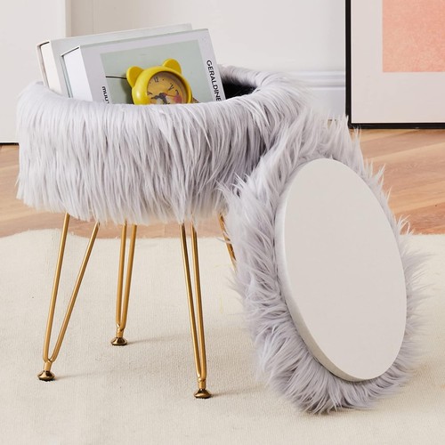 Compact grey faux fur ottoman - grey,